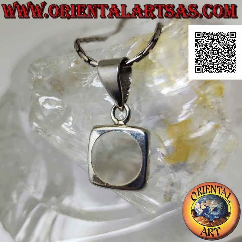 Silver pendant, round mother-of-pearl with smooth edge on a square frame