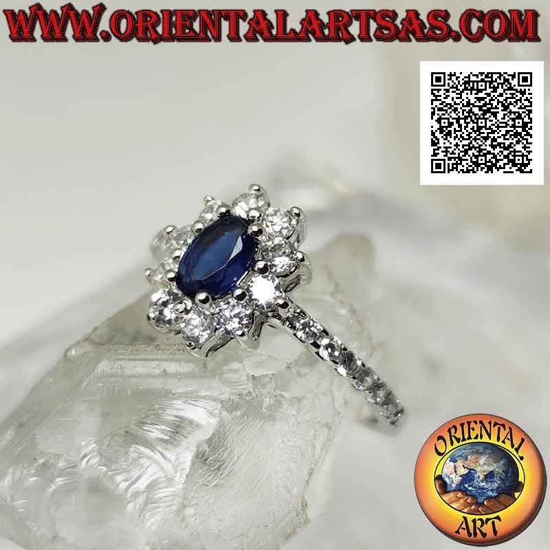 Bague en argent avec fleur de zircone cubique blanche sertie de saphir synthétique ovale et de zircone cubique sur les côtés