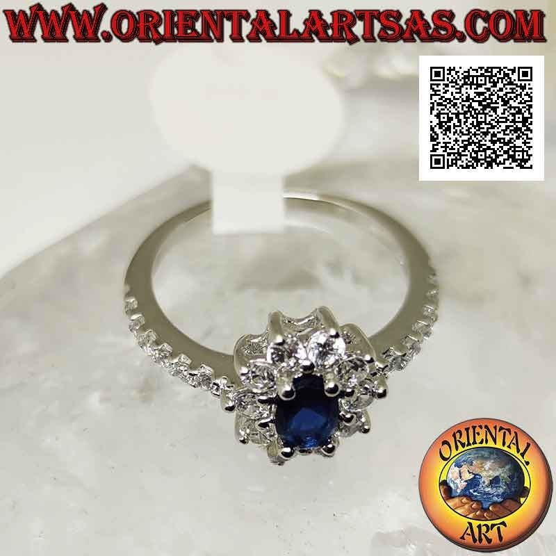Bague en argent avec fleur de zircone cubique blanche sertie de saphir synthétique ovale et de zircone cubique sur les côtés