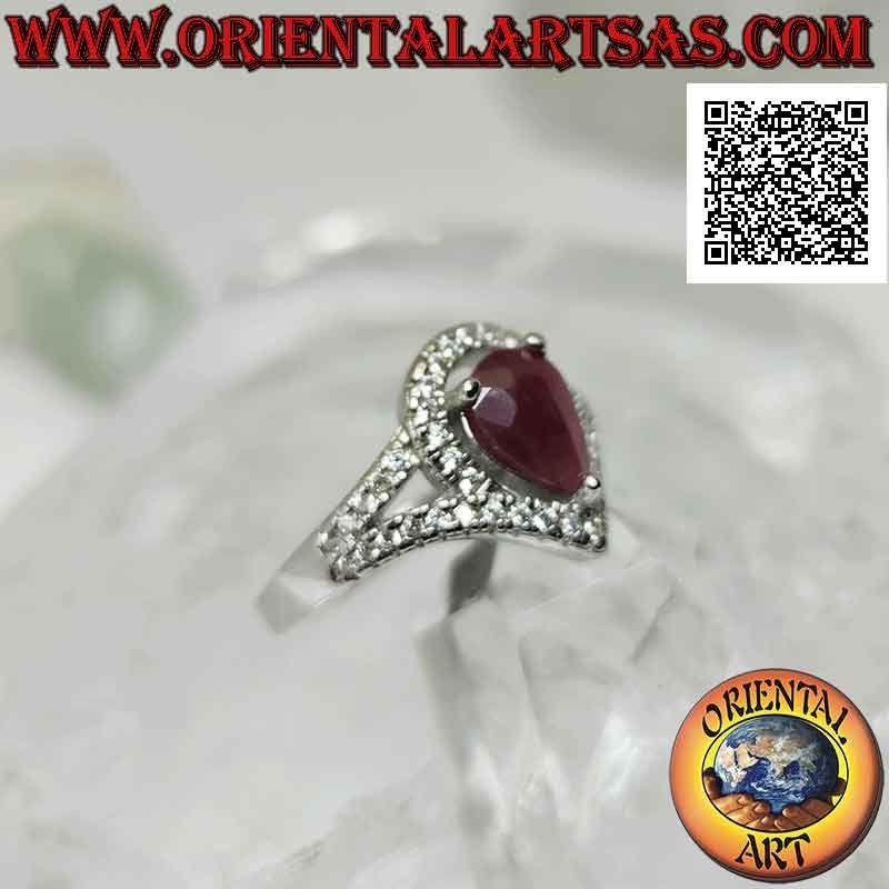 Silver ring with natural teardrop ruby set surrounded by white zircons and two lines