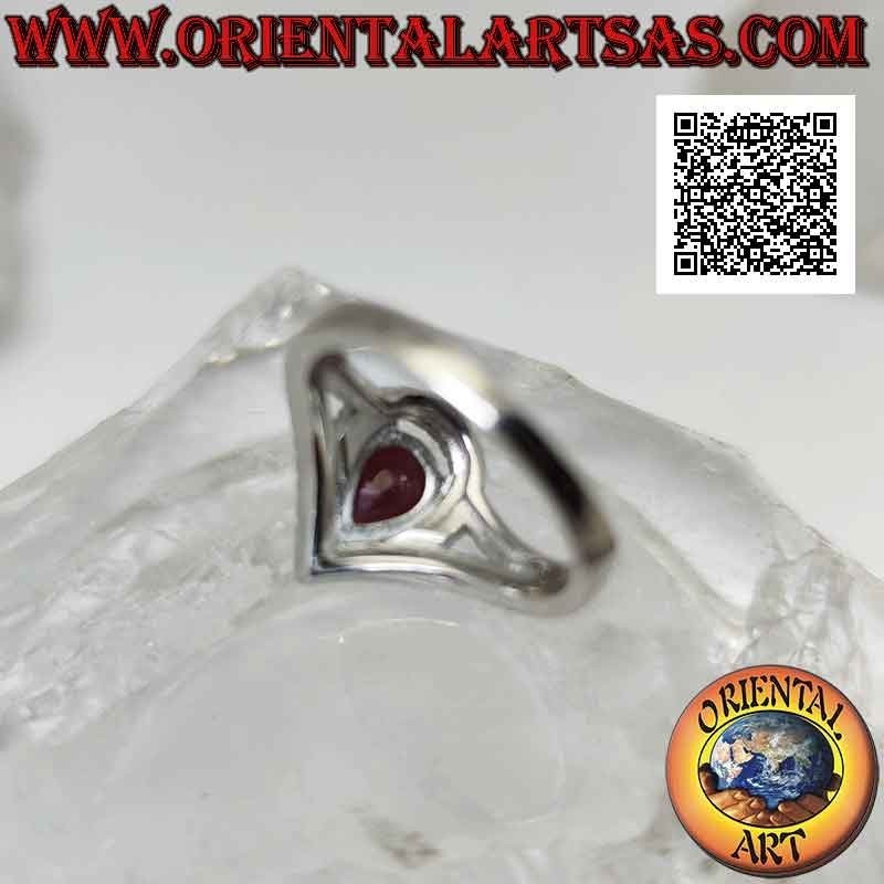 Silver ring with natural teardrop ruby set surrounded by white zircons and two lines