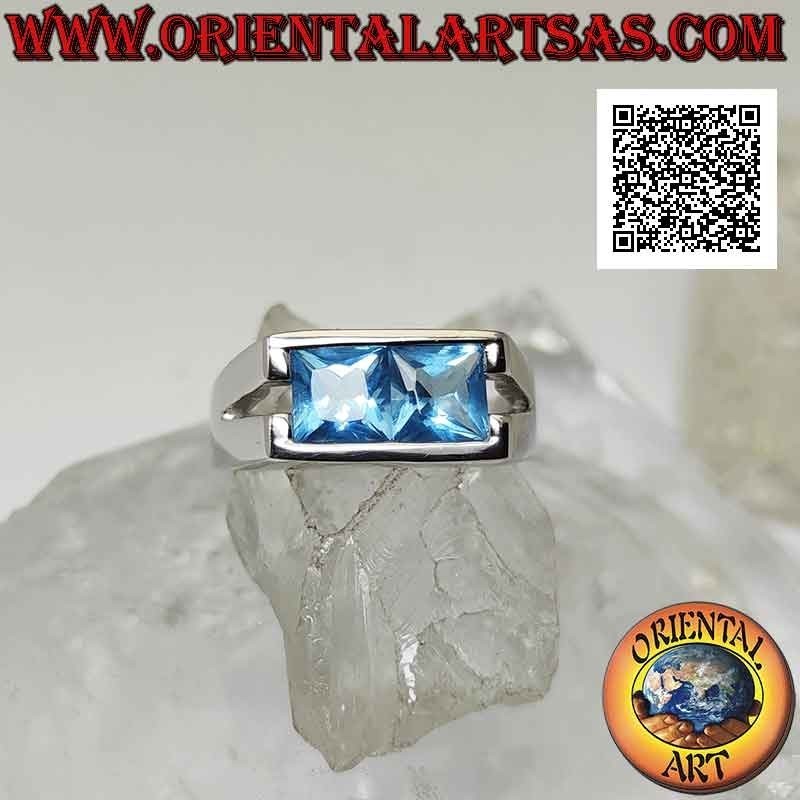 Anello in argento con coppia di topazio  quadrati su montatura liscia rettangolare