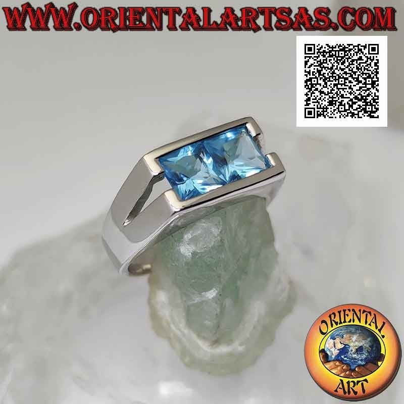 Anello in argento con coppia di topazio  quadrati su montatura liscia rettangolare