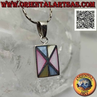 Pendentif rectangulaire en argent avec mosaïque de nacre multicolore de triangles à bord lisse