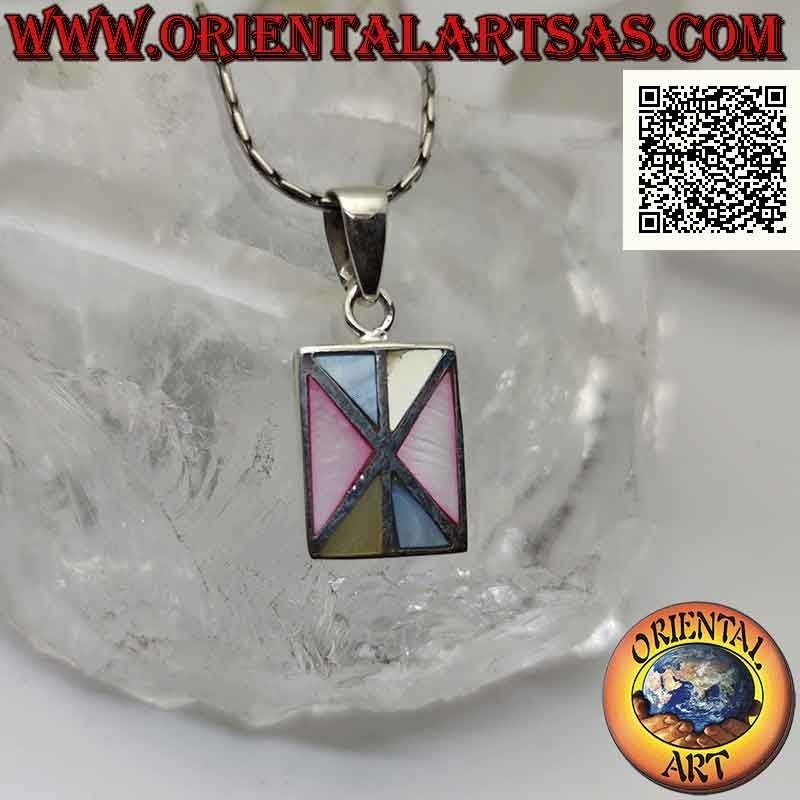 Pendentif rectangulaire en argent avec mosaïque de nacre multicolore de triangles à bord lisse