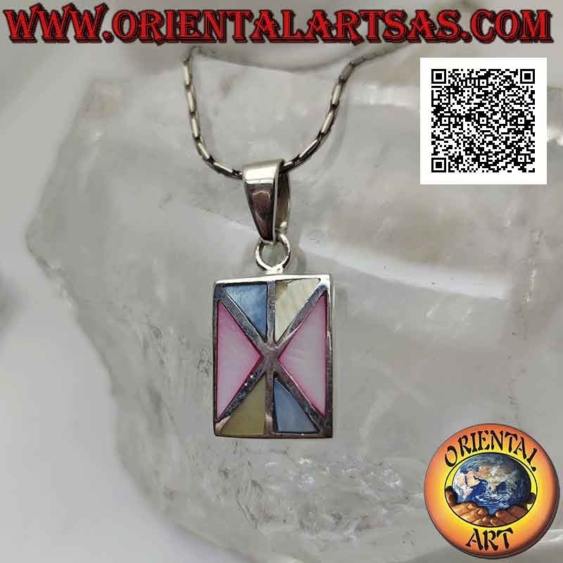 Colgante rectangular de plata con mosaico de triángulos de nácar multicolor con borde liso