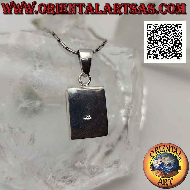 Rectangular silver pendant with multicolor mother-of-pearl mosaic of triangles with smooth edge