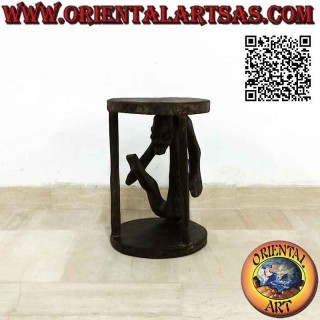 Sgabello in stile primitivo con scultura di un aborigeno in legno di teak (30 cm Ø)
