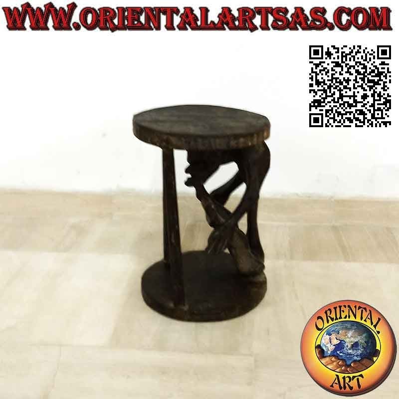 Tabouret de style primitif avec sculpture d'un aborigène en bois de teck (30 cm Ø)