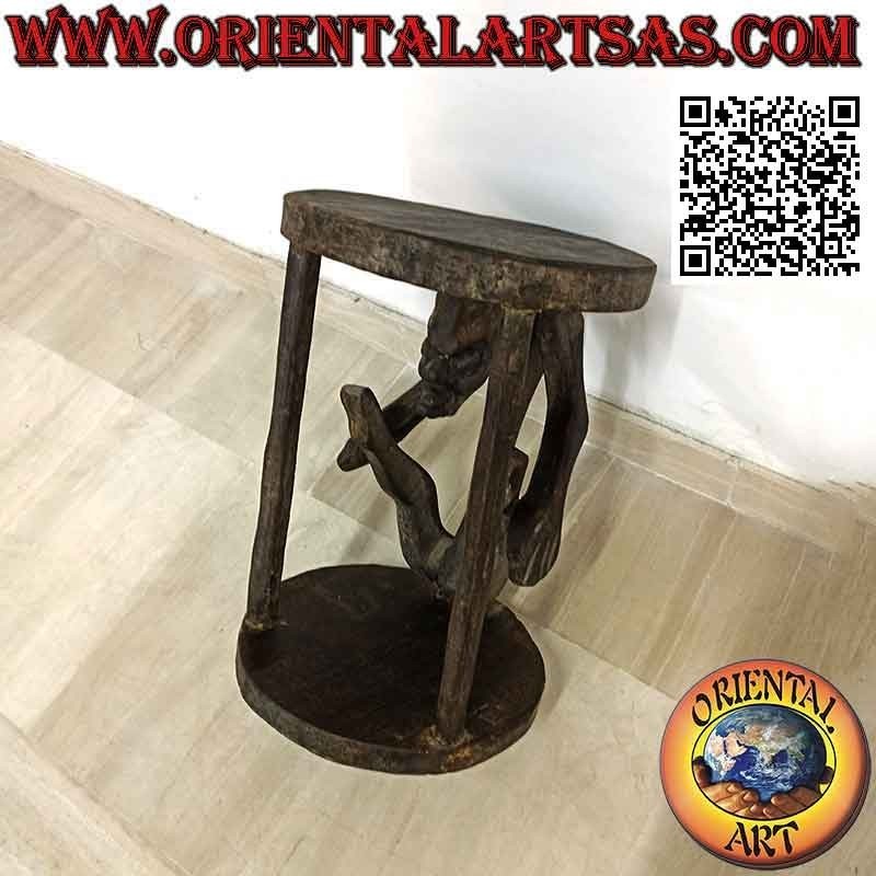 Sgabello in stile primitivo con scultura di un aborigeno in legno di teak (30 cm Ø)