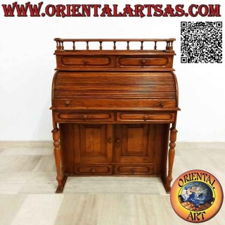 Consola de escritorio con persiana enrollable, balda extensible, cajones y puertas en madera de teca (100 x 52)