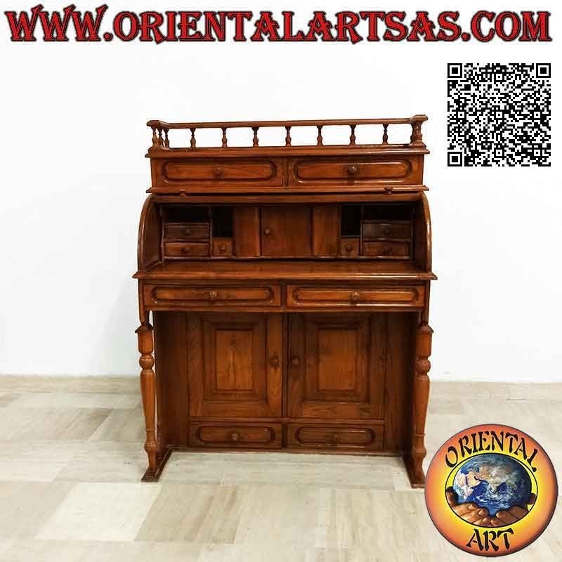 Consola de escritorio con persiana enrollable, balda extensible, cajones y puertas en madera de teca (100 x 52)