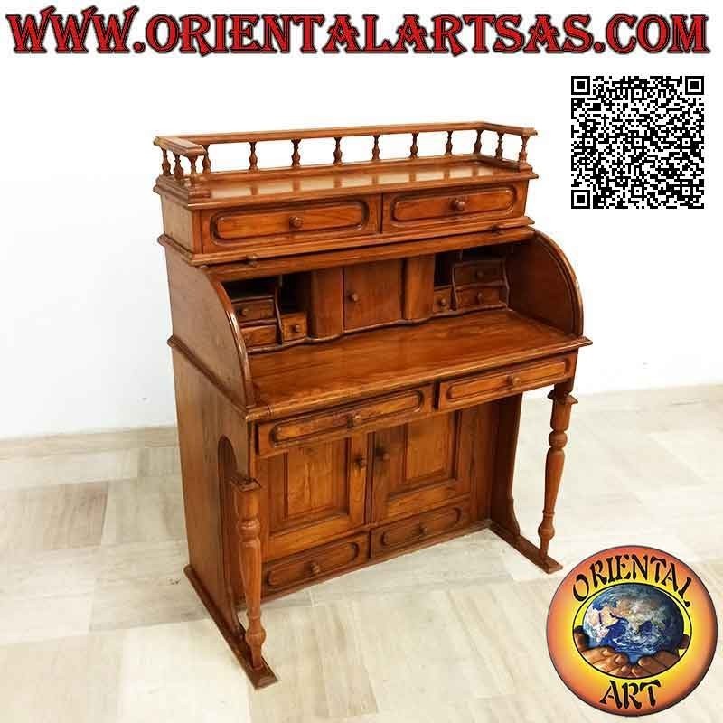 Consolle scrittoio con serrandina a rullo, ripiano allungabile, cassetti e ante in legno di teak (100 x 52)