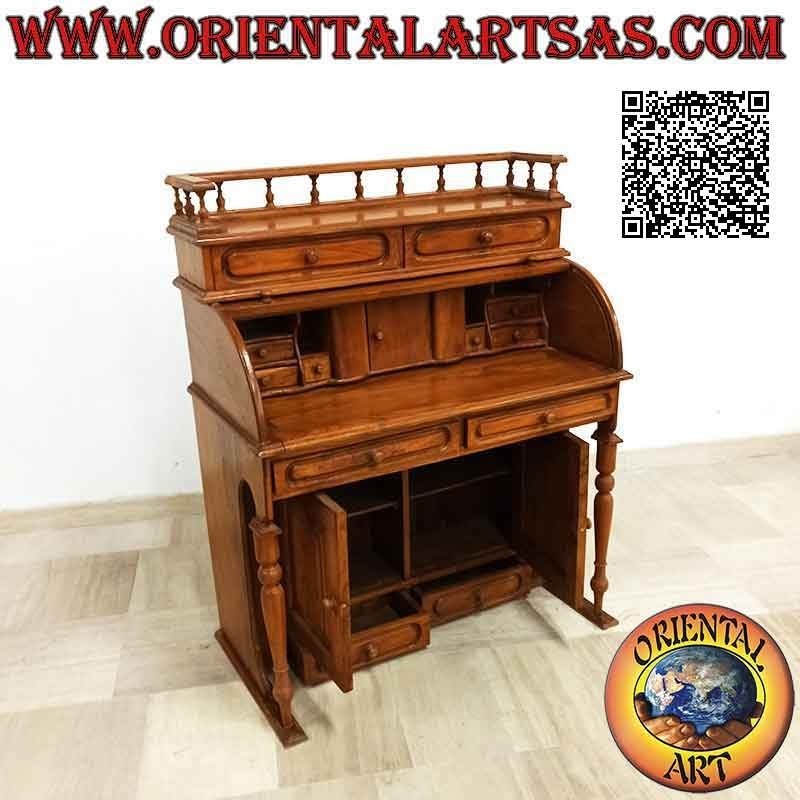 Desk console with roller shutter, extendable shelf, drawers and doors in teak wood (100 x 52)