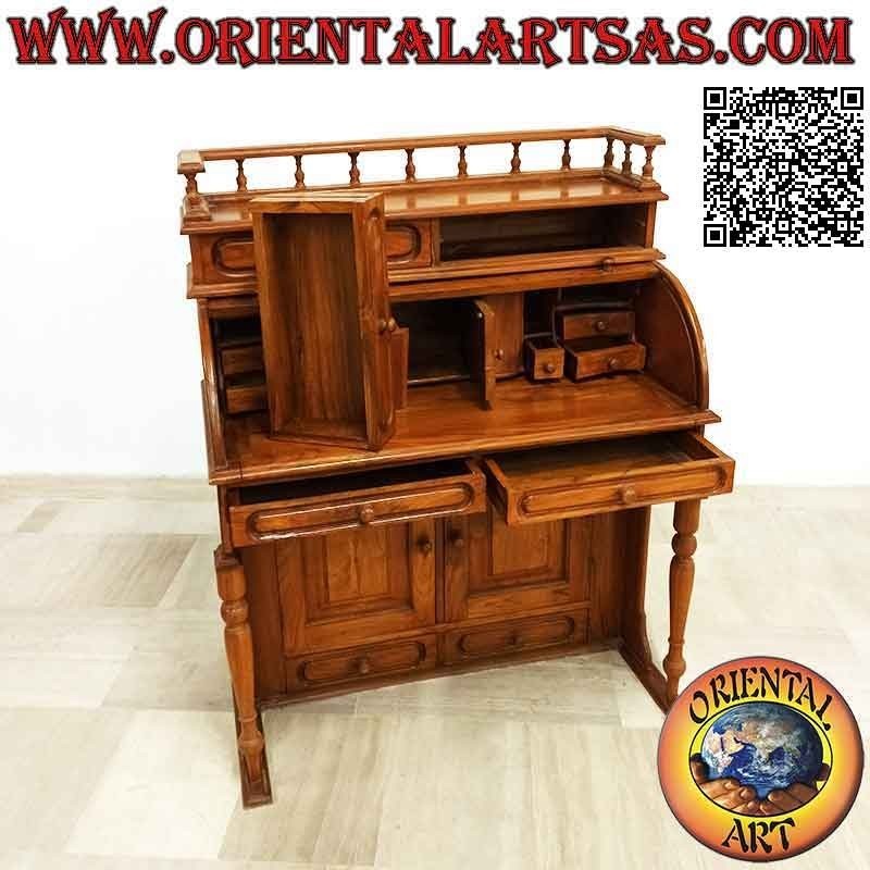 Console de bureau avec volet roulant, étagère extensible, tiroirs et portes en bois de teck (100 x 52)
