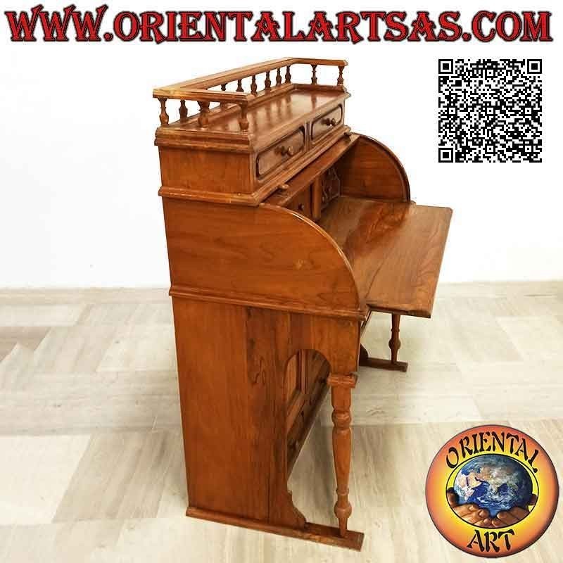 Console de bureau avec volet roulant, étagère extensible, tiroirs et portes en bois de teck (100 x 52)