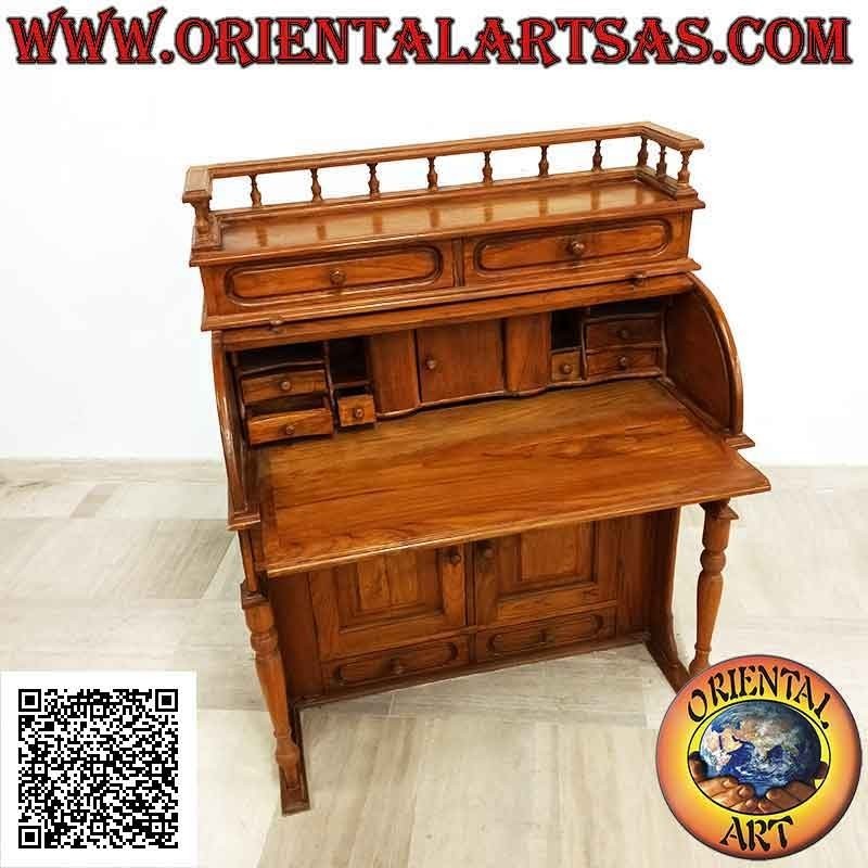 Consola de escritorio con persiana enrollable, balda extensible, cajones y puertas en madera de teca (100 x 52)