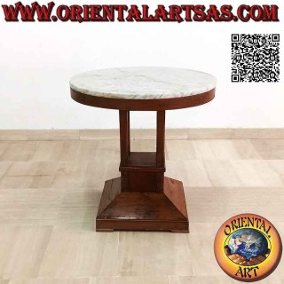 Tavolino tondo con piede unico quadrato e piano in marmo in legno antico di teak da 65 Ø cm