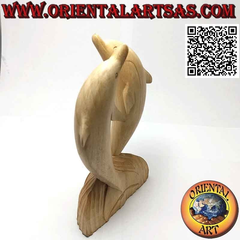 Sculpture d'un couple de dauphins dansants debout sur la falaise en bois d'hibiscus de 20 cm