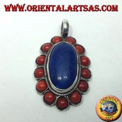 Silver Pendant Lapis lazuli Oval surrounded by coral