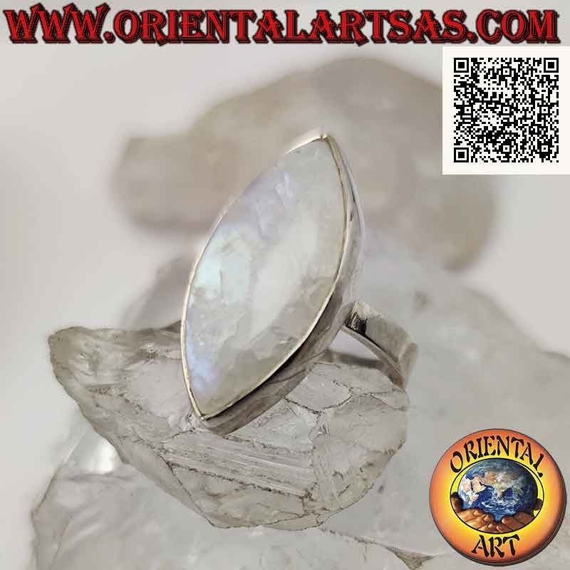 Silver ring with a pointed oval cabochon rainbow moonstone in a smooth setting