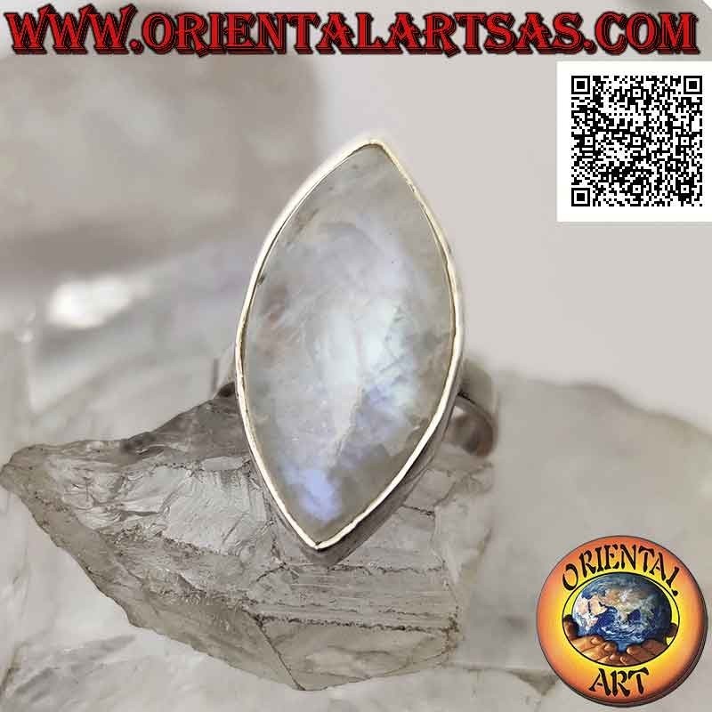 Silver ring with a pointed oval cabochon rainbow moonstone in a smooth setting