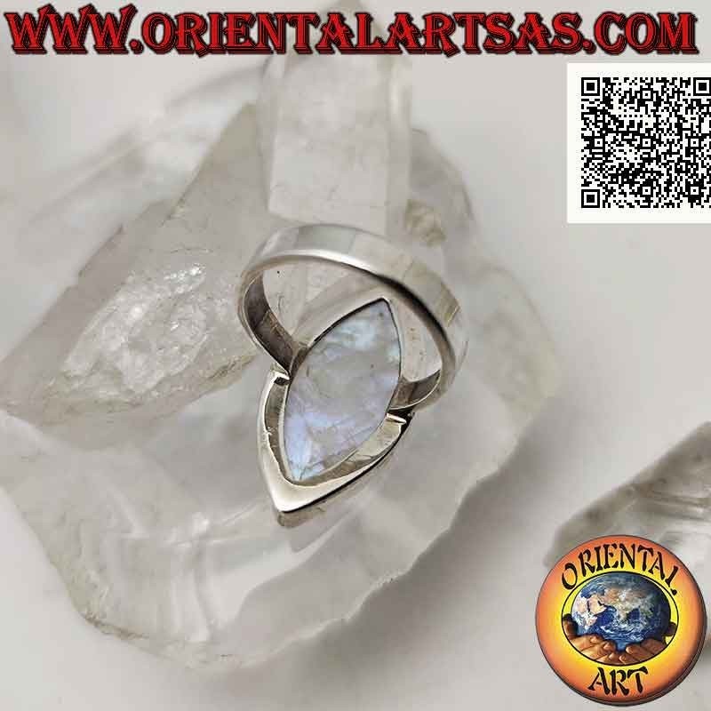 Anello in argento con pietra di luna arcobaleno ovale appuntita cabochon su montatura liscia