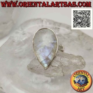 Silver ring with large cabochon drop rainbow moonstone on smooth setting