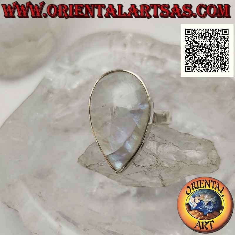 Bague en argent avec grosse pierre de lune arc-en-ciel goutte cabochon sur serti lisse