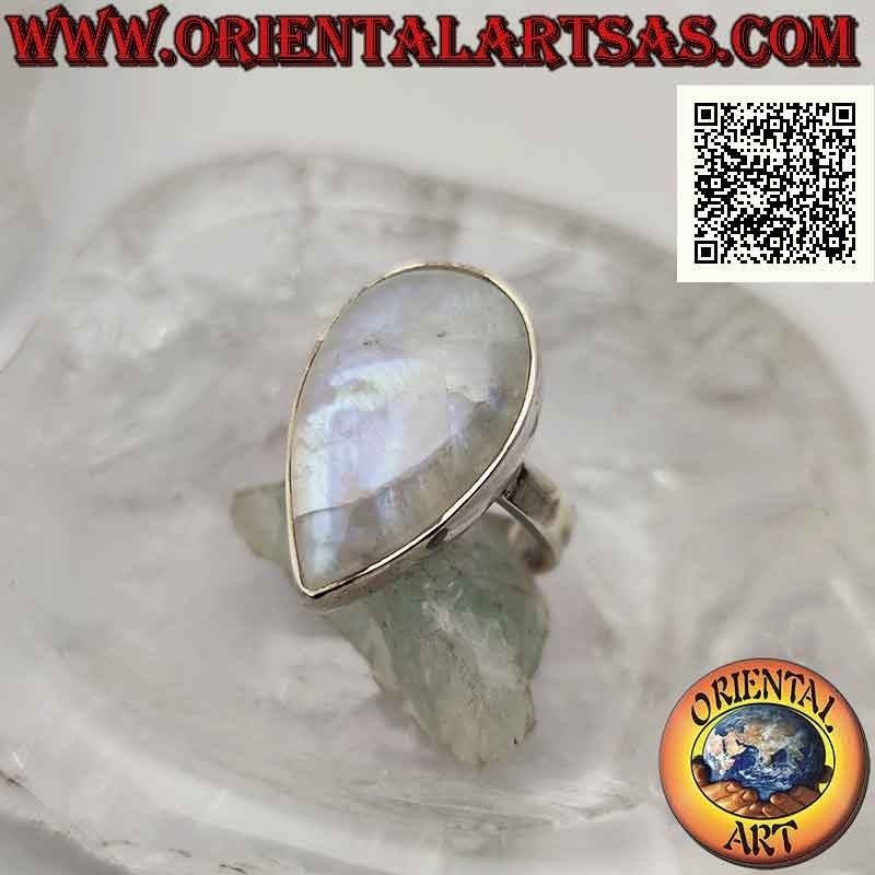 Bague en argent avec grosse pierre de lune arc-en-ciel goutte cabochon sur serti lisse