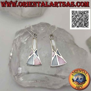 Pendientes de plata trapezoidal isósceles curvados con mosaico de nácar multicolor de alambre