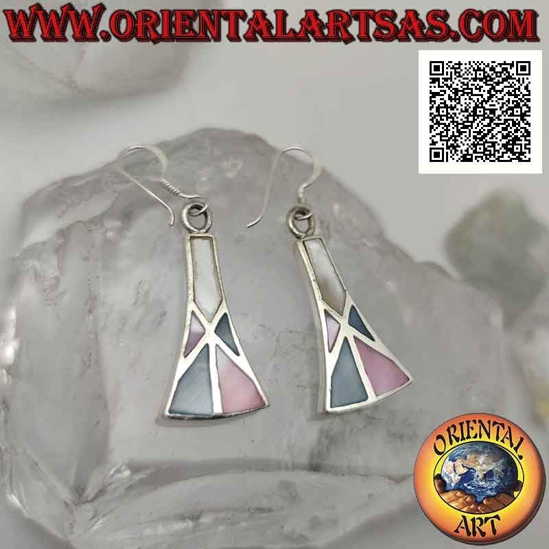 Curved isosceles trapezoid silver earrings with wire multicolor mother-of-pearl mosaic
