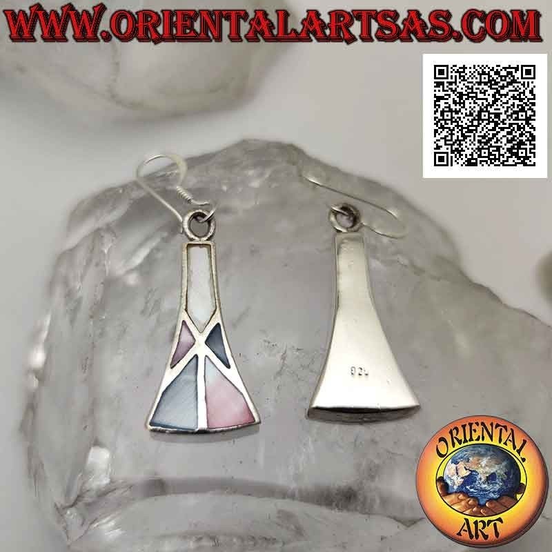 Boucles d'oreilles trapèze isocèles galbées en argent avec fil mosaïque de nacre multicolore