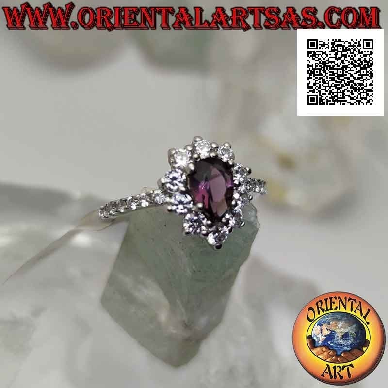 Anello in argento fiore di zirconi bianchi con ametista a goccia incastonata e zirconi sui lati