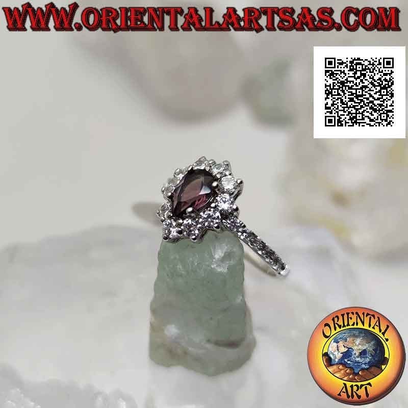 Silver ring with white cubic zirconia flower set with drop-shaped amethyst