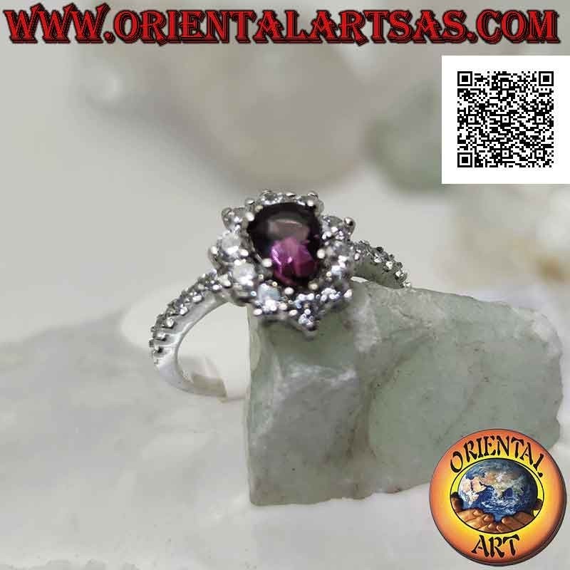 Silver ring with white cubic zirconia flower set with drop-shaped amethyst