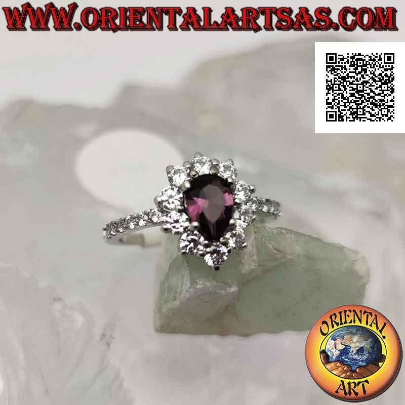 Anello in argento fiore di zirconi bianchi con ametista a goccia incastonata e zirconi sui lati