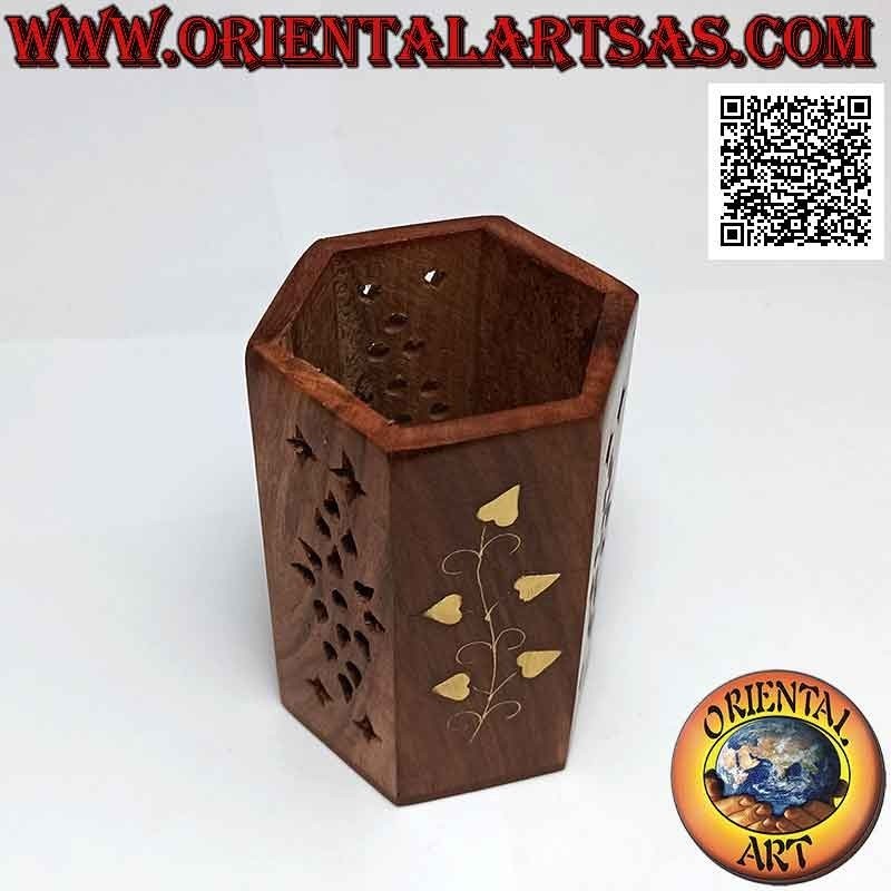 Portapenne esagonale con decoro floreale e trafori alternati in legno di palissandro