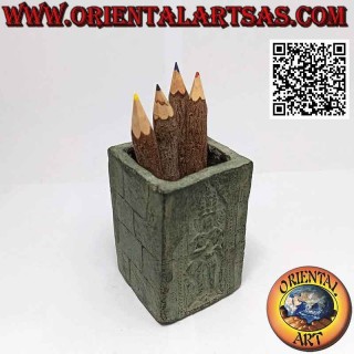 Square pen holder with green terracotta bas-relief buddha