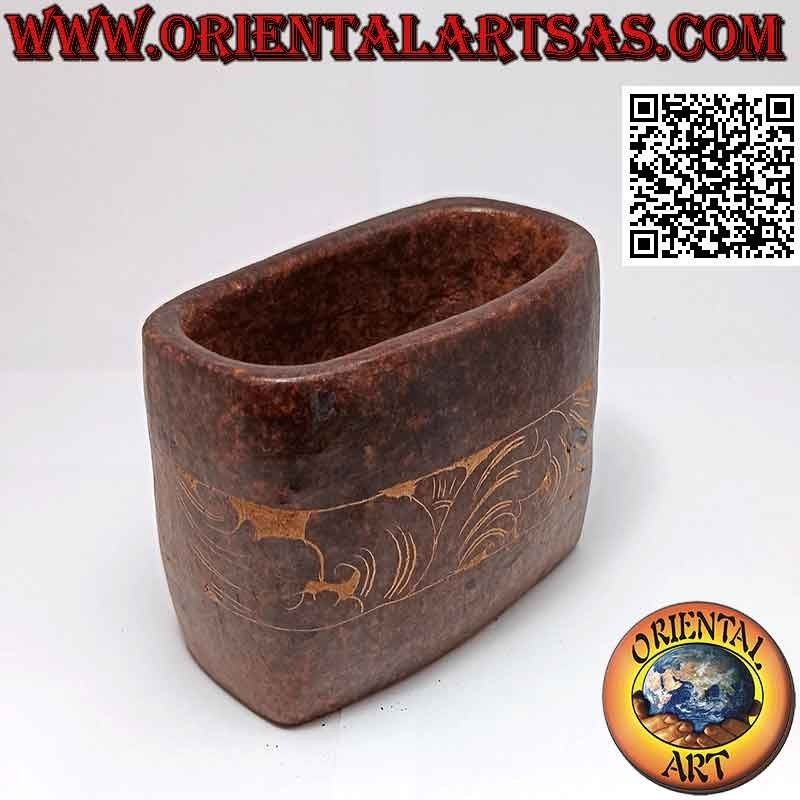 Traditional Lombok rectangular pen holder with floral decoration, in terracotta