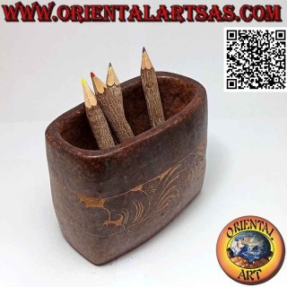 Traditional Lombok rectangular pen holder with floral decoration, in terracotta
