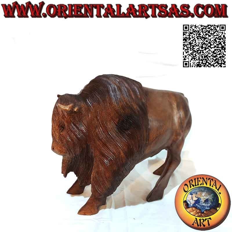 Scultura bisonte americano in legno di suar da 29 cm (scolpita a mano da un unico blocco)
