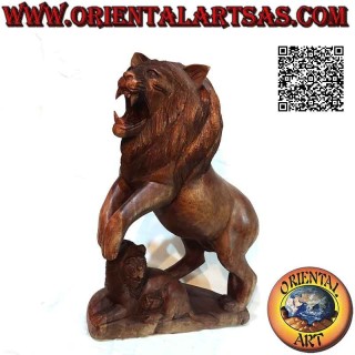 Growling lion with cub sculpture in 45cm suar wood (hand carved from a single block)
