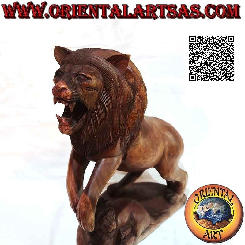 Growling lion with cub sculpture in 45cm suar wood (hand carved from a single block)