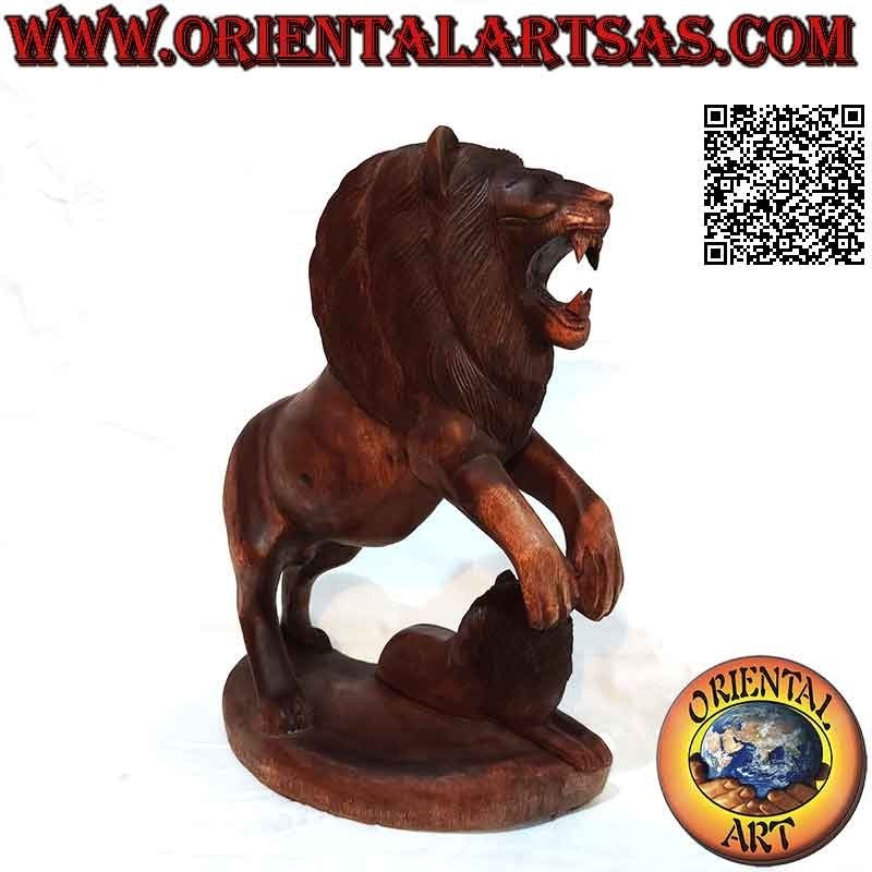 Growling lion with cub sculpture in 45cm suar wood (hand carved from a single block)