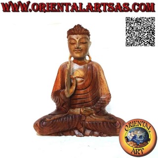 Scultura Buddha "Abhaya Mudra - la fase dell'illuminazione" in legno di suar da 32 cm (unico blocco) bicolore