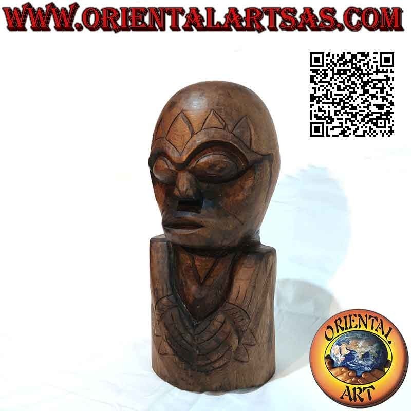 Scultura testa Maori neozelandese in legno di teak da 32 cm (unico blocco)
