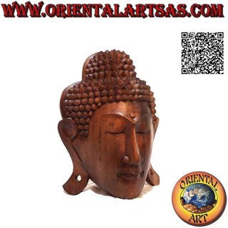Buddhakopf-Skulpturenmaske für Wand oder Stütze aus Suarholz, 25 x 20 cm (Einzelblock)