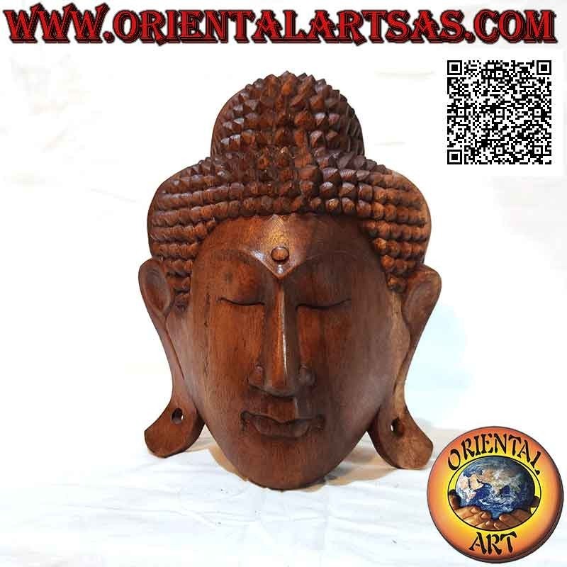 Maschera scultura testa di buddha da muro o da appoggio in legno di suar, 25 x 20 cm (unico blocco)