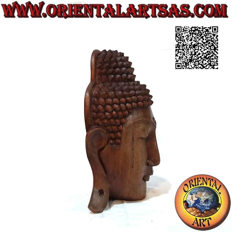Masque sculpture tête de Bouddha pour mur ou support en bois de suar, 25 x 20 cm (monobloc)